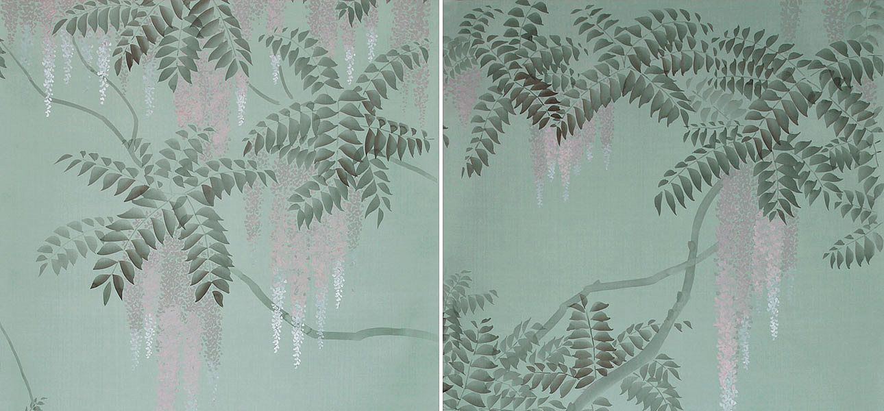 Обои в Японском стиле Wisteria Special Colourway on Blue Grey dyed silk Обои в Японском стиле Wisteria Special Colourway on Blue Grey dyed silk - Loft-Concept в Грозном