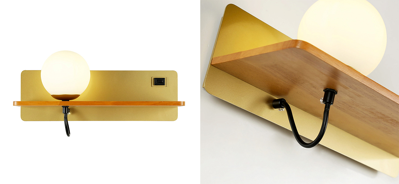 Бра с полкой Gold GAVIN WOOD USB Бра с полкой Gold GAVIN WOOD USB - Loft-Concept в Грозном