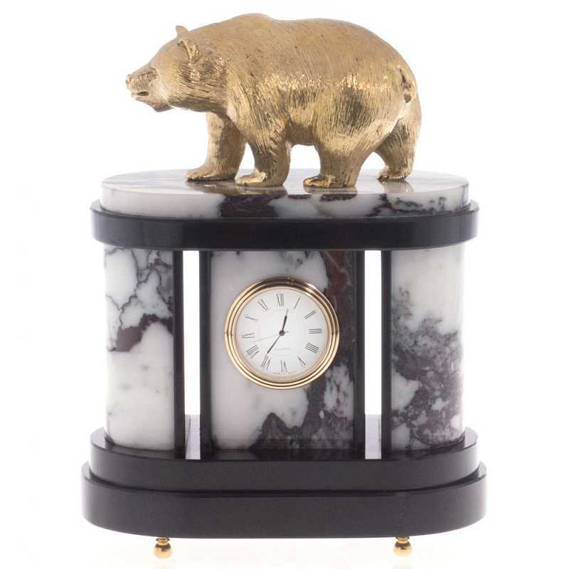 Часы настольные бронзовые с декором в виде медведя Bear Stone Clock Черный Бронза Коричневый Белый Часы настольные бронзовые с декором в виде медведя Bear Stone Clock Черный Бронза Коричневый Белый в Грозном | Loft Concept
