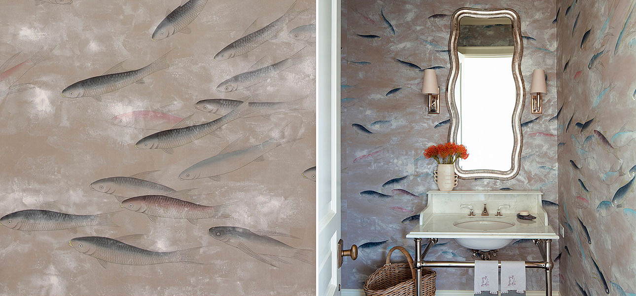 Обои ручная роспись Fishes Blue Pearl on Lead Grey dyed silk with antiquing Обои ручная роспись Fishes Blue Pearl on Lead Grey dyed silk with antiquing - Loft-Concept в Грозном