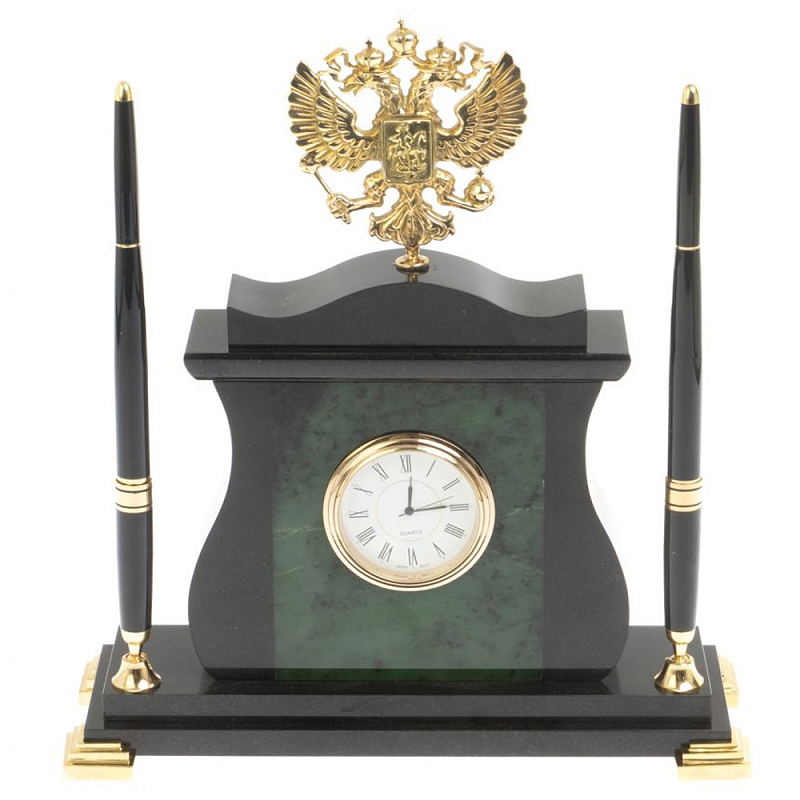 Часы настольные с Гербом России и 2-мя шариковыми ручками в комплекте Stone Clock Черный Зеленый Коричневый Бронза Часы настольные с Гербом России и 2-мя шариковыми ручками в комплекте Stone Clock Черный Зеленый Коричневый Бронза в Грозном | Loft Concept