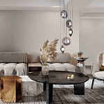 Люстра каскадная с 5-ю круглыми стеклянными плафонами дымчатого цвета и черными деталями Orbit Serenade варинант исполнения - 4 | Loft Concept в Грозном