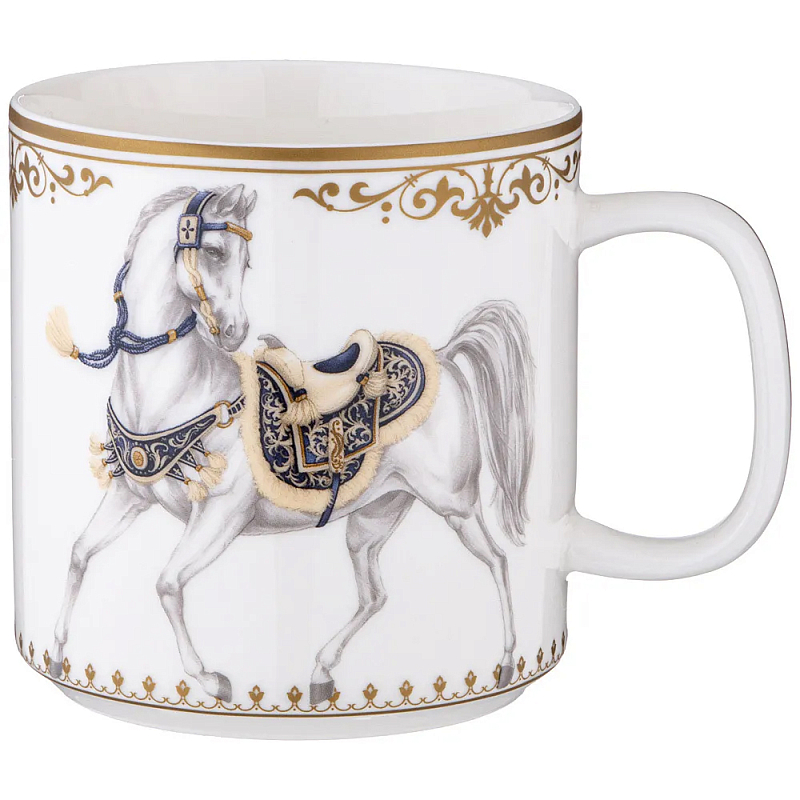 Кружка из фарфора белая с изображением лошади 400 мл Porcelain Horse Set Белый Синий Золотой в Грозном | Loft Concept 