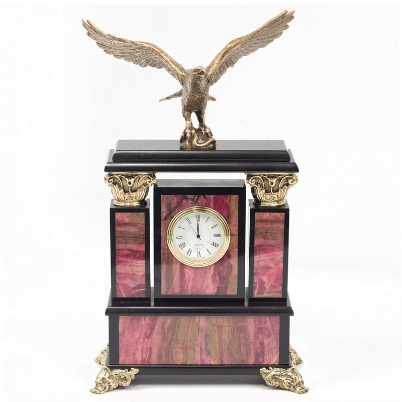 Часы настольные из родонита и бронзы с декором в виде орла Eagle Stone Clock Розовый Бронза Черный Часы настольные из родонита и бронзы с декором в виде орла Eagle Stone Clock Розовый Бронза Черный в Грозном | Loft Concept