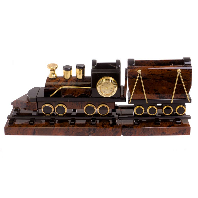 Часы настольные в виде паровоза из натурального камня Обсидиан Train Stone Clock Коричневый Золотой Часы настольные в виде паровоза из натурального камня Обсидиан Train Stone Clock Коричневый Золотой в Грозном | Loft Concept