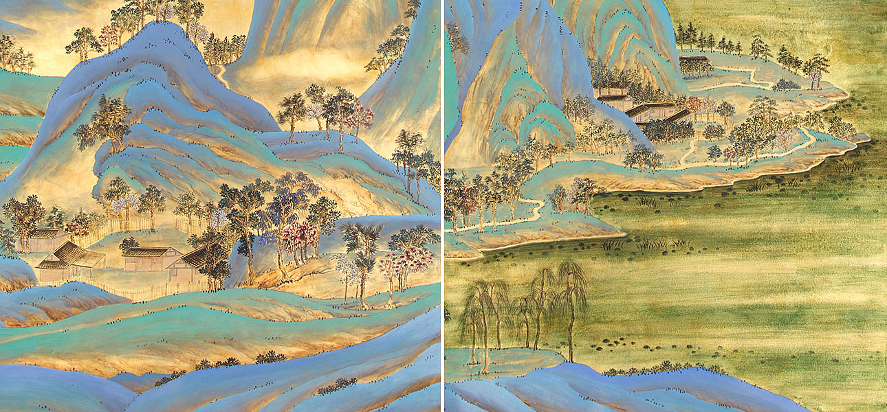 Обои ручная роспись A Thousand Li of Rivers and Mountains Original colourway on Deep Rich Gold gilded paper with gold pearlescent antiquing Обои ручная роспись A Thousand Li of Rivers and Mountains Original colourway on Deep Rich Gold gilded paper with gold pearlescent antiquing - Loft-Concept в Грозном