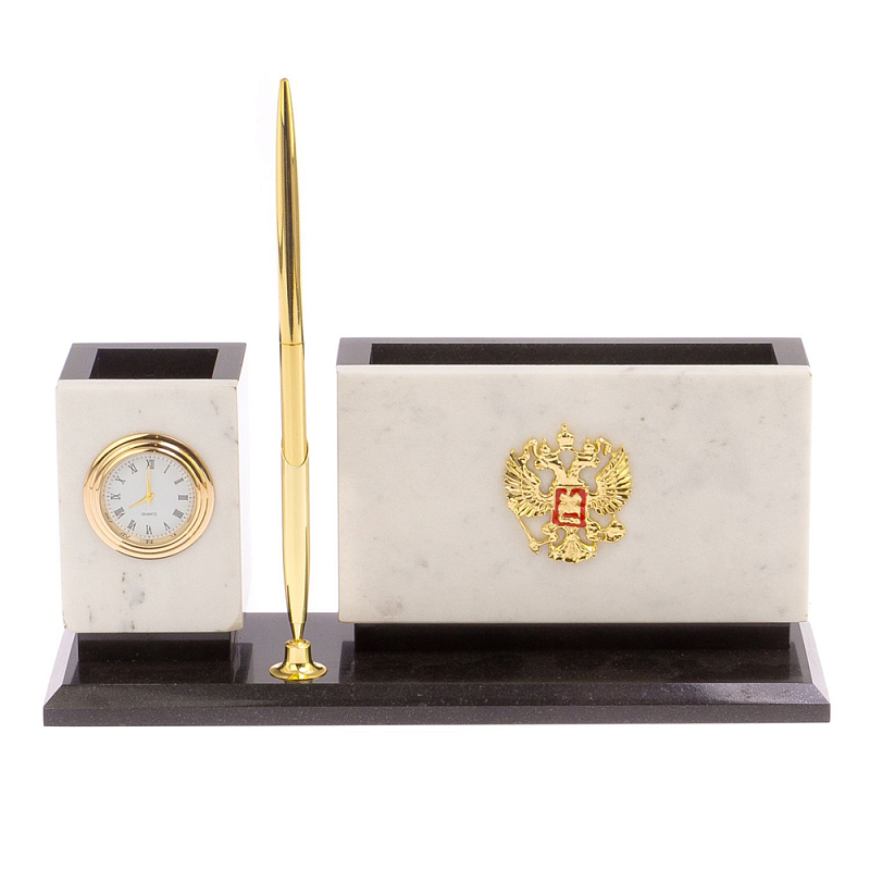 Настольный письменный набор из мрамора с часами и ручкой Marble Accessory Золотой Белый Мрамор Bianco Черный в Грозном | Loft Concept 