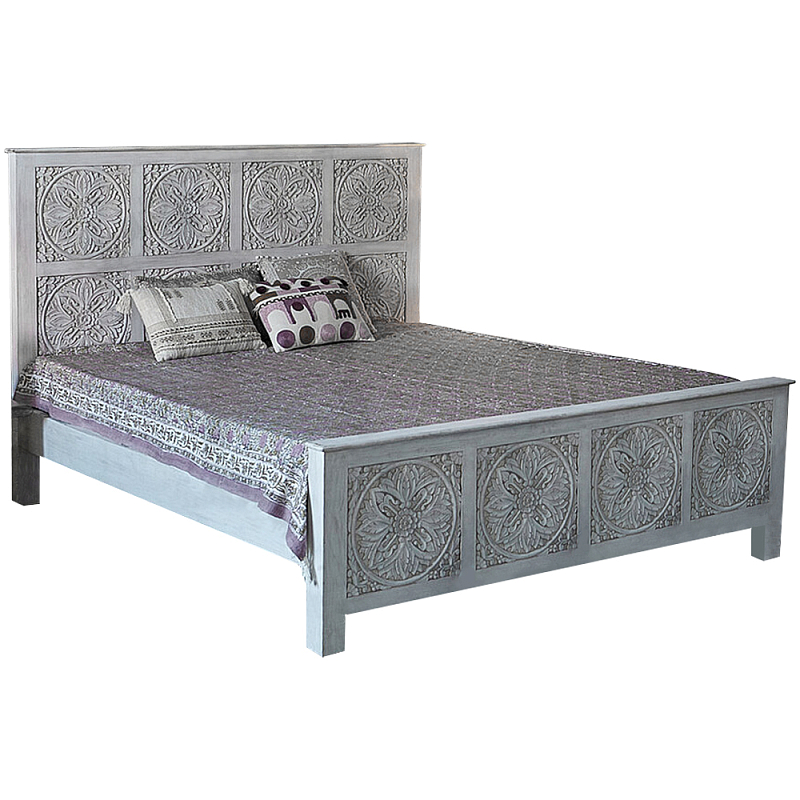 Двуспальная кровать из массива манго с резьбой Floro Grey Mango Bed Бежевый Двуспальная кровать из массива манго с резьбой Floro Grey Mango Bed Бежевый в Грозном | Loft Concept