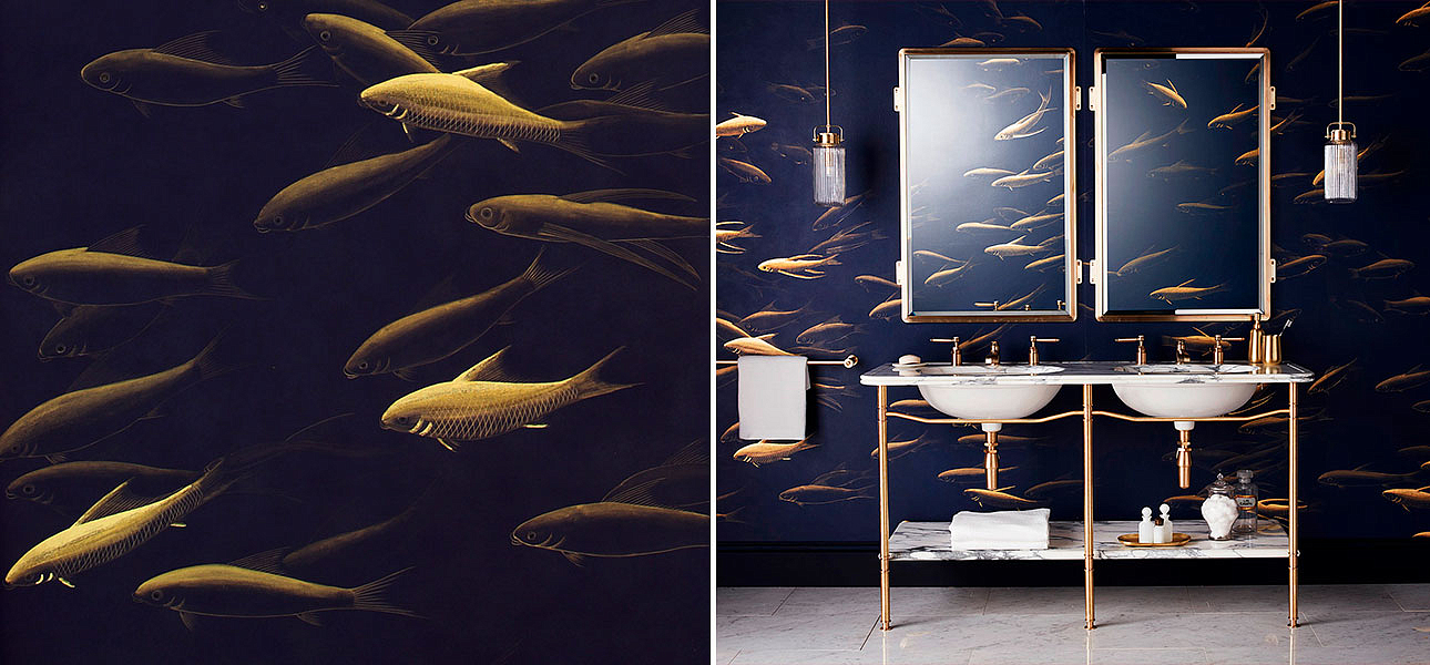 Обои ручная роспись Fishes Colourway SC-99 on blue Williamsburg Обои ручная роспись Fishes Colourway SC-99 on blue Williamsburg - Loft-Concept в Грозном