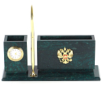 Настольный письменный набор с гербом России и часами из природного камня змеевик Successful Leader варинант исполнения - 1 | Loft Concept в Грозном