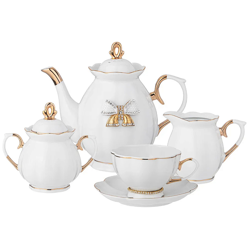 Чайный сервиз из фарфора со стразами на 6 персон 15 предметов Shine Porcelain Белый Золотой Чайный сервиз из фарфора со стразами на 6 персон 15 предметов Shine Porcelain Белый Золотой в Грозном | Loft Concept
