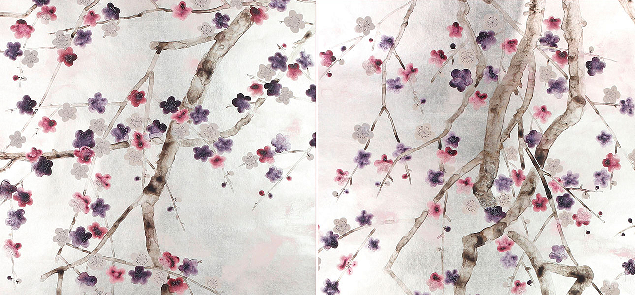 Обои ручная роспись Plum Blossom Colourway SC-228 on Tarnished Silver gilded paper with pearlescent antiquing Обои ручная роспись Plum Blossom Colourway SC-228 on Tarnished Silver gilded paper with pearlescent antiquing - Loft-Concept в Грозном