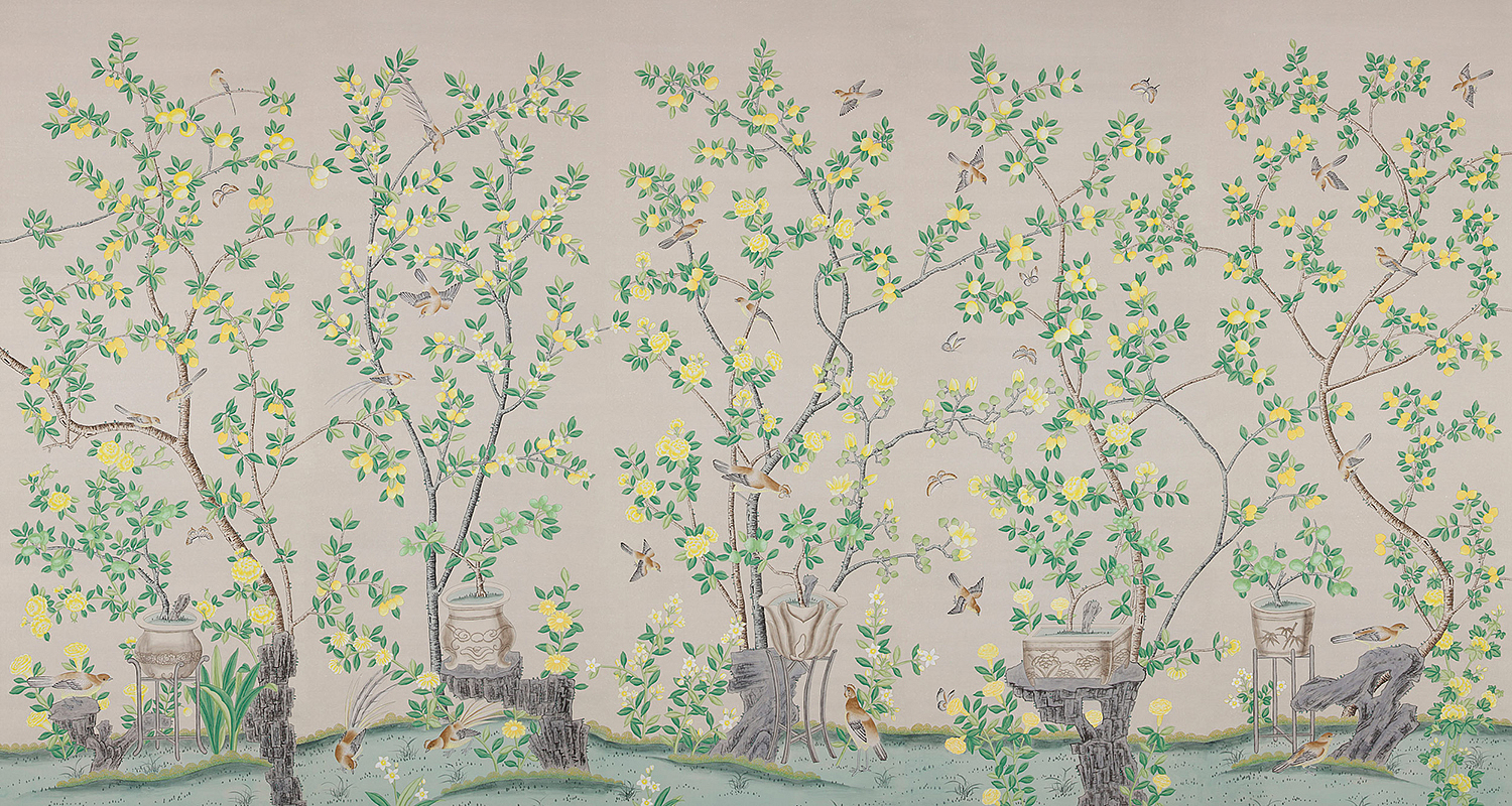 Обои ручная роспись Jardinieres & Citrus Trees Silver metallic Обои ручная роспись Jardinieres & Citrus Trees Silver metallic - Loft-Concept в Грозном