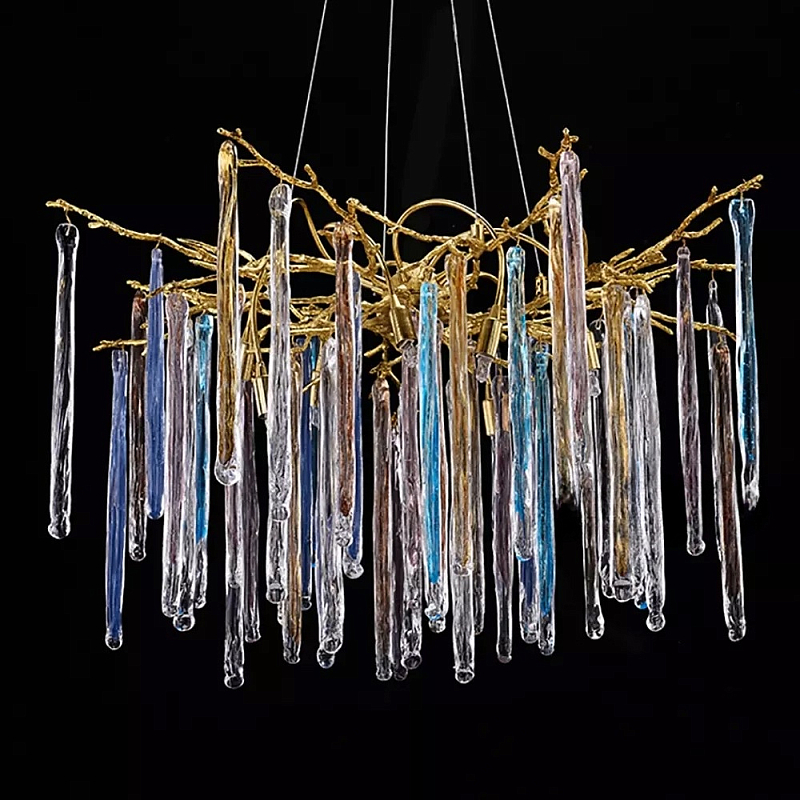 Люстра на подвесе с каркасом из металла и цветными подвесками из стекла Droplet Chandelier Золотой Прозрачный Голубой Янтарный Люстра на подвесе с каркасом из металла и цветными подвесками из стекла Droplet Chandelier Золотой Прозрачный Голубой Янтарный в Грозном | Loft Concept