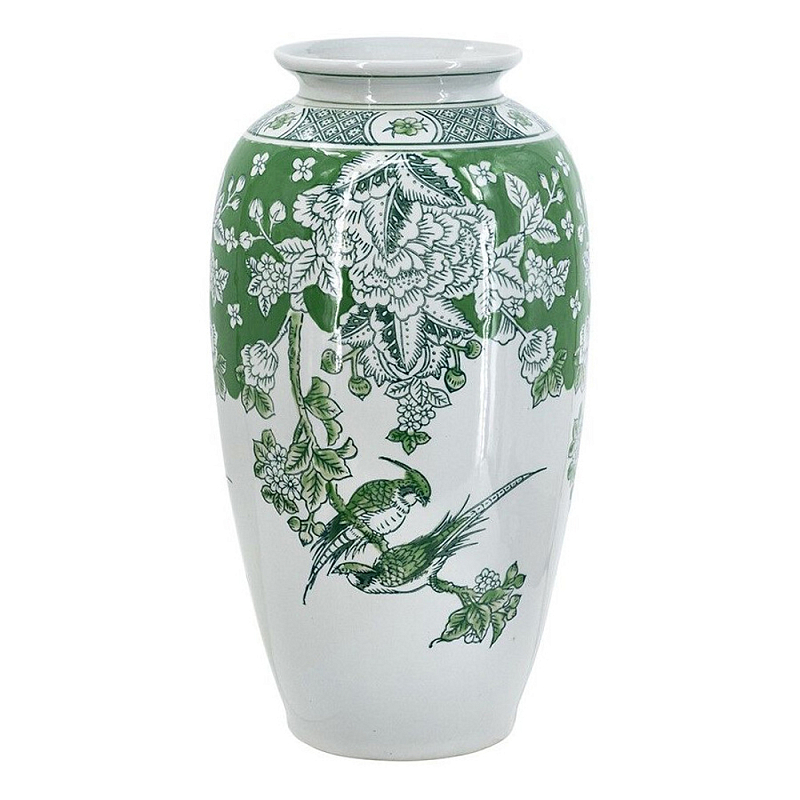 Ваза высокая с зелеными цветочными и птичьими мотивами Vase Inspired by Nature Зеленый Белый в Грозном | Loft Concept 
