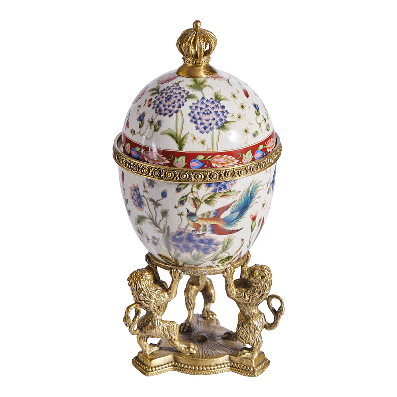 Шкатулка в форме яйца на величественных львах из фарфора с бронзовыми элементами Eden Garden Белый Черный Бронза Мульти в Грозном | Loft Concept 