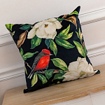 Декоративная подушка чёрная с изображением птиц и цветов Blooming Reds Birds варинант исполнения - 2 | Loft Concept в Грозном