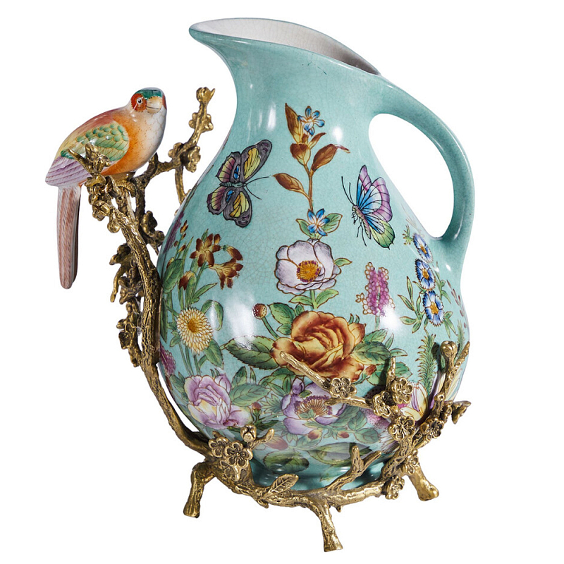 Кувшин с птичкой и  цветочным рисунком Blue Garden Голубой Бронза Мульти в Грозном | Loft Concept 