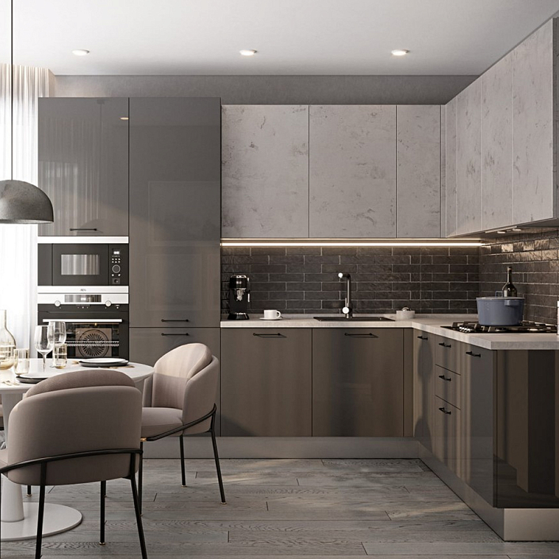 Кухонный гарнитур с серым глянцевым фасадом Onfroi Moss Grey Kitchen Set Серый Кухонный гарнитур с серым глянцевым фасадом Onfroi Moss Grey Kitchen Set Серый в Грозном | Loft Concept