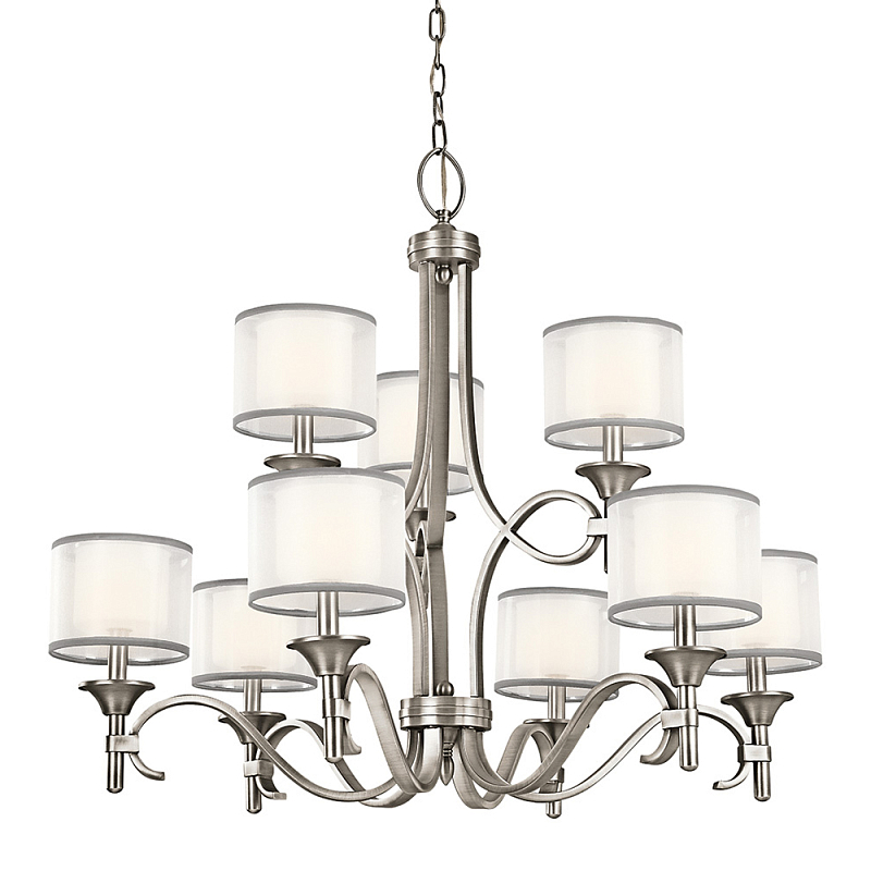 Люстра с белыми тканевыми абажурами в прозрачных стеклянных цилиндрах Kichler Белый Бежевый Никель Бронза Прозрачное Стекло в Грозном | Loft Concept 